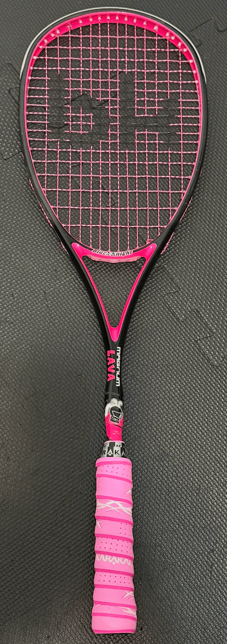 Pink squash racquet with a black logo printed on pink strings