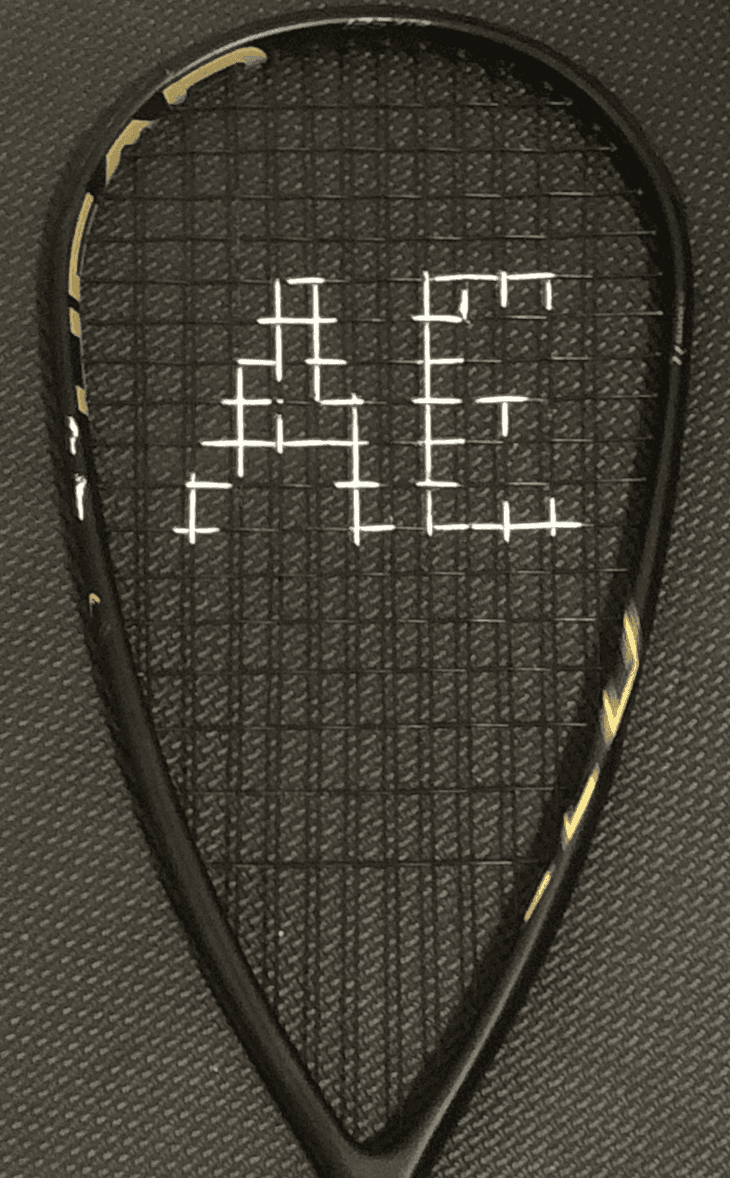 Black squash racquet with a white logo printed on black strings