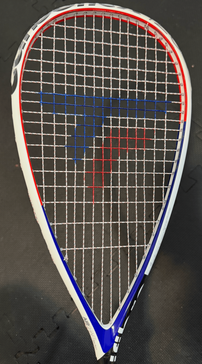 Squash racquet with a blue and red logo printed on white strings